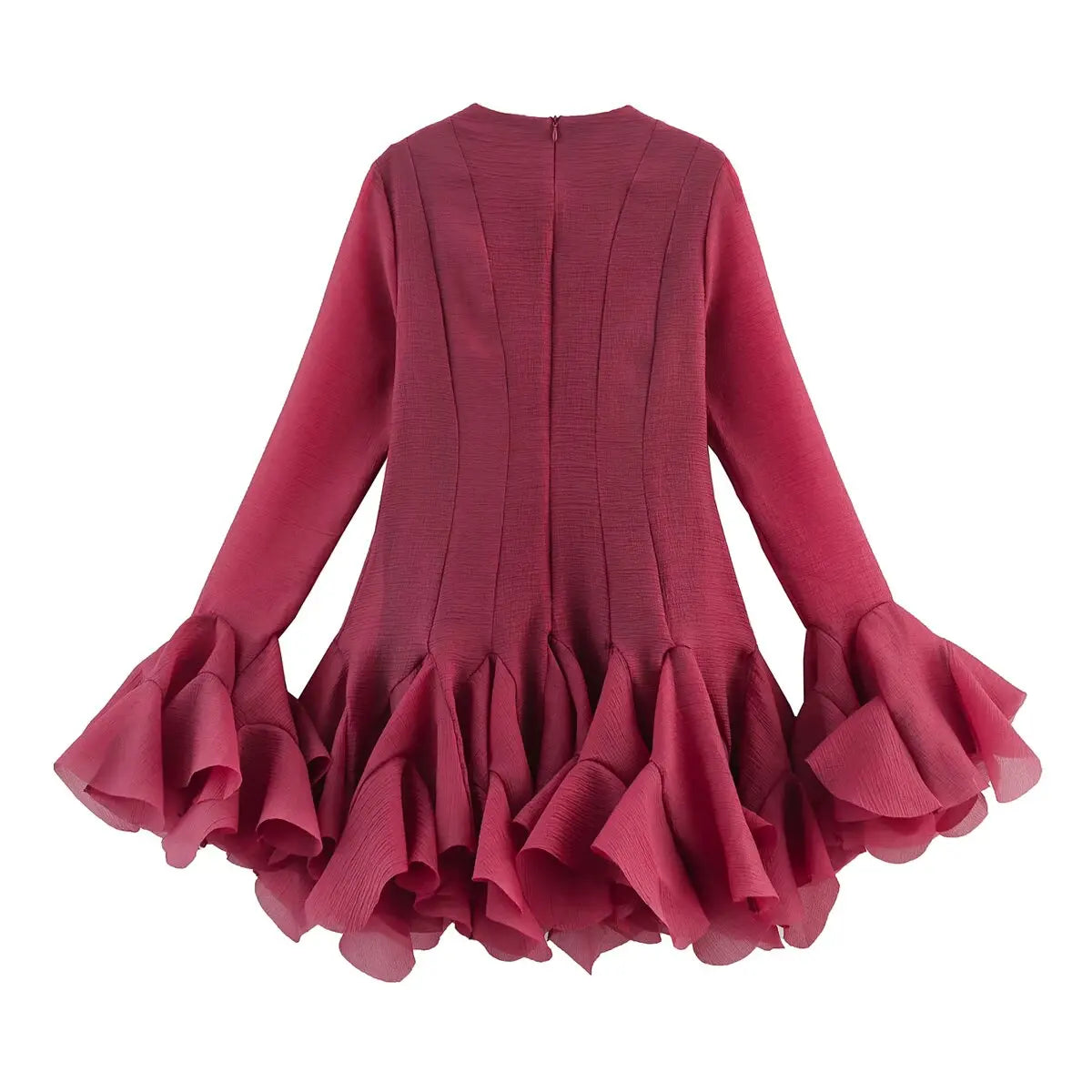 2026 Summer Women's Elegant Multi-Layered Ruffled Hem Mini Dresses Lady Sweet French Style Long Flare Sleeve Slim Fit Puffy Robe