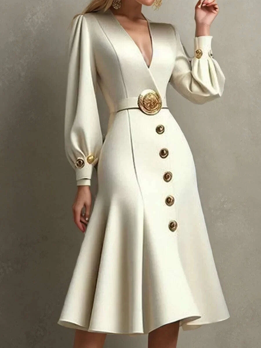 kimlud-elegant-satin-dress-for-women-with-puff-sleeves-v-neck-ruffled-a-line-midi-long-sleeves-sexy-fishtail-evening-gown-for-fall-kimlud-womens-clothes-35043271