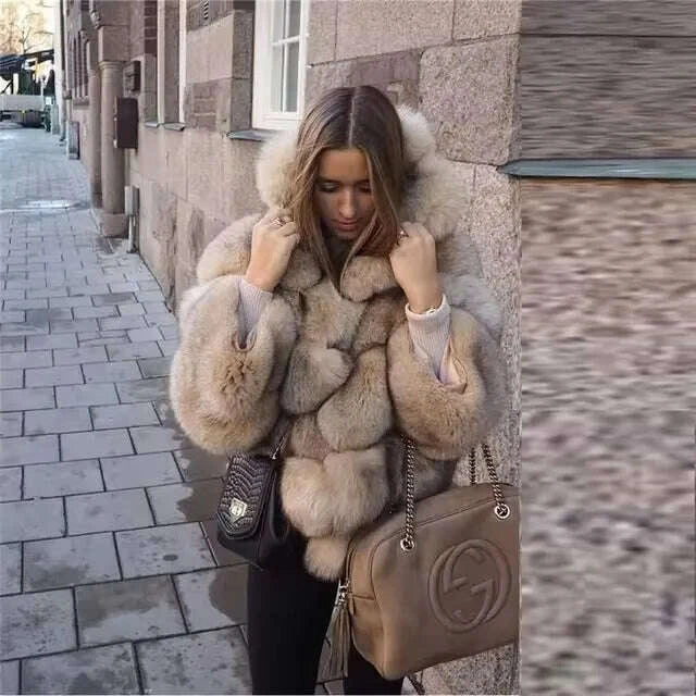 KIMLUD, DEAT Fashion Imitation Fox Fur Grass Jacket Women's Hooded Loose Long Sleeves Patchwork Plush Thick Coat Winter New 7A975, KIMLUD Womens Clothes