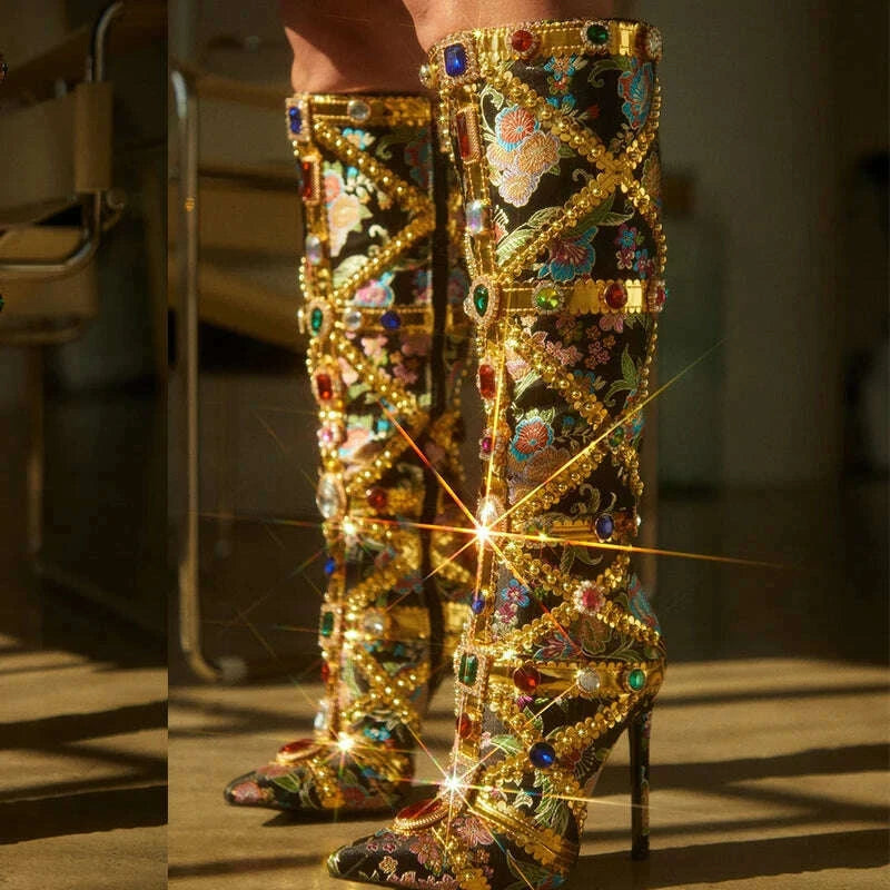 Liyke Runway Fashion Color Gem Knee High Boots Women Handwork Embroide