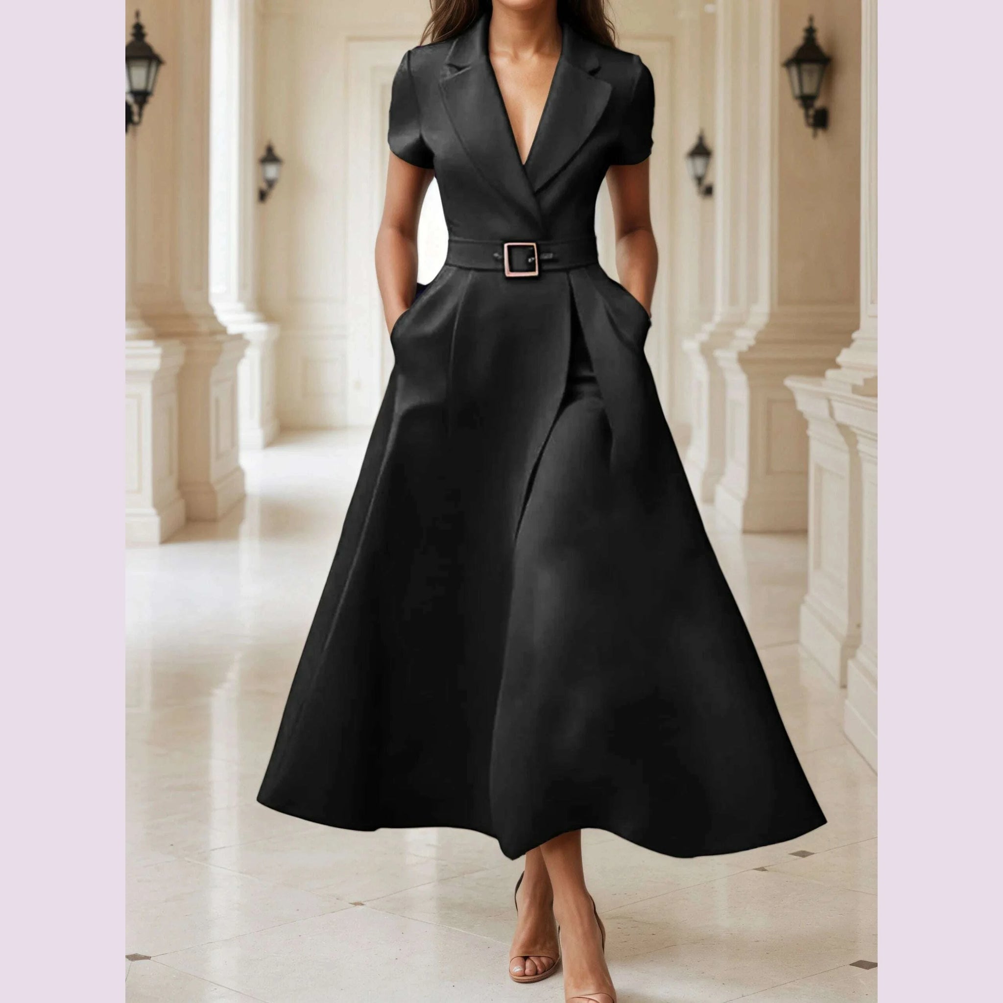 ladies midi evening dresses A-Line Black Midi Dress With Belt