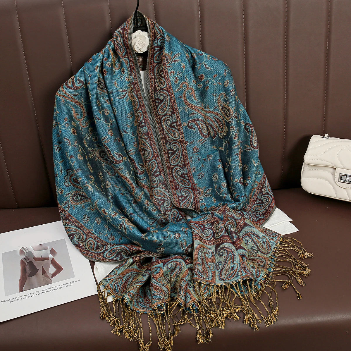 Cashmere Pashmina Shawl With Autumn Print Design, Olive Accents And Gold-Toned Fringe — Red | KIMLUD