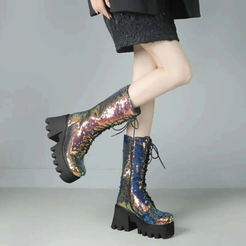 KIMLUD, NASBAVI Sequins Cloth Bling Shiny Green Fish Scale Pattern Lace-up Punk Goth Women Winter Shoes Chunky Heels Mid-calf Boots 43, KIMLUD Womens Clothes