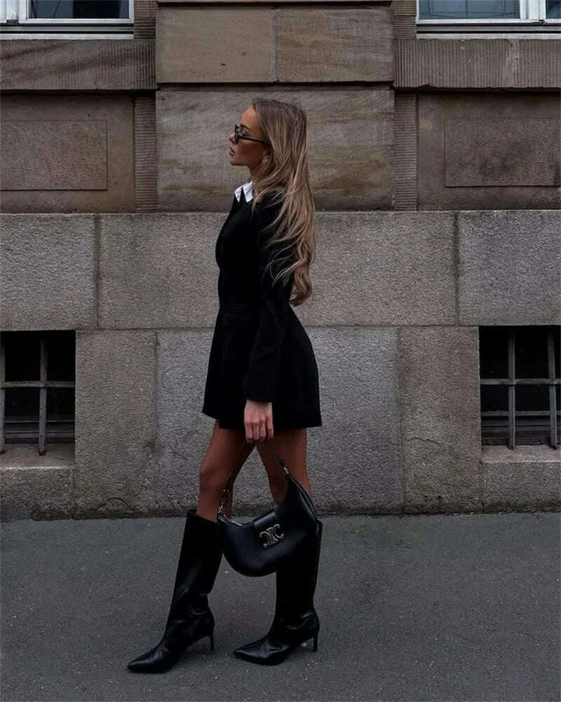 KIMLUD, Mozision Long Sleeve Single-breasted Sexy Mini Dress Women Elegant Black Two Pocket High Waist A-line Club Party Dresses Female, KIMLUD Womens Clothes