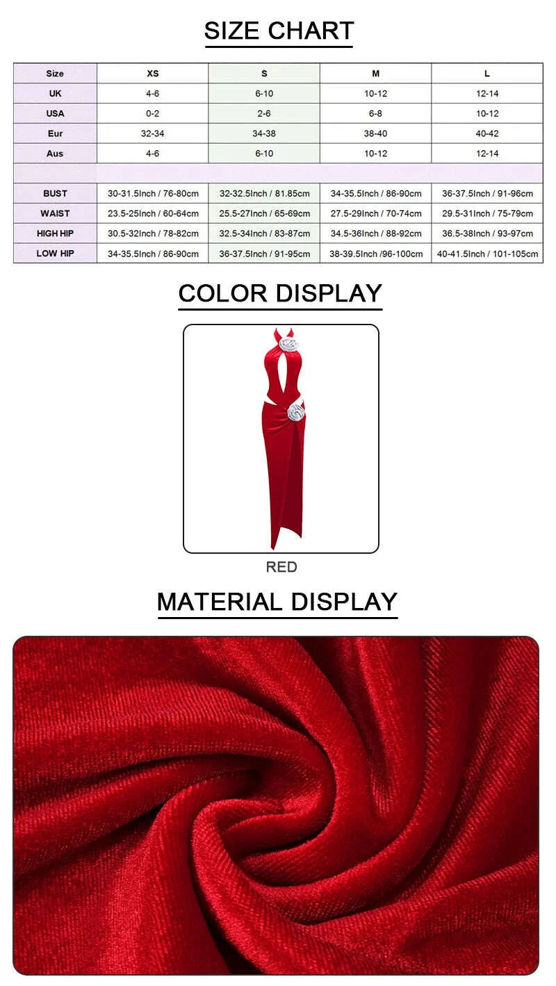 KIMLUD, VC Cut Out Long Red Velvet Prom Dress Crystal Rose Details Sleeveless Hollow Out High Slit Maxi Party Cocktail Evening Gowns, KIMLUD Womens Clothes
