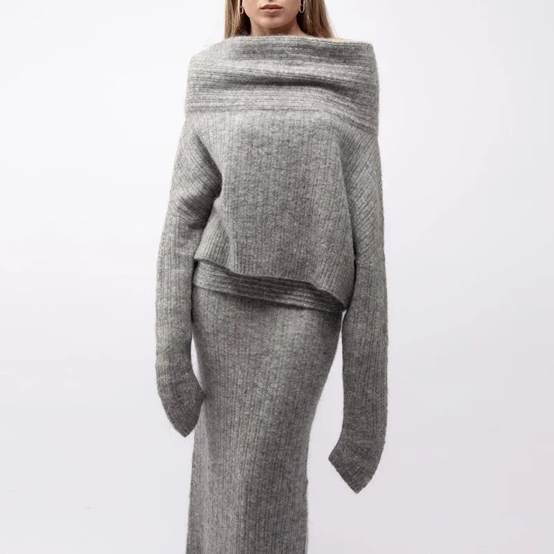 KIMLUD, Knitting Off The Shoulder Long Sleeve Women'S Tops Skirt Women'S Sets Sweatshits Sweater Streetwear Wholesale Clothes, KIMLUD Womens Clothes