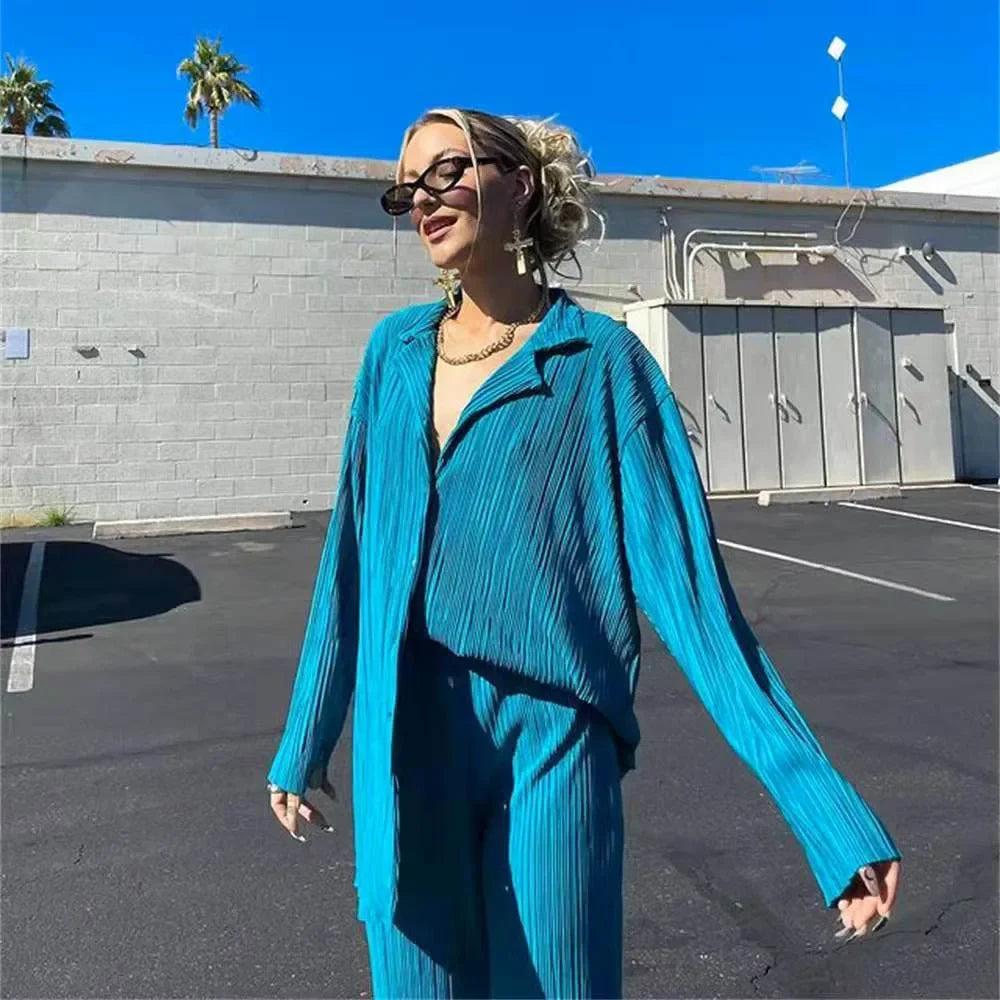 KIMLUD, 2023 Spring Summer Best Seller Solid Color Draped Loose Fit Smooth Pleated Women's Casual 2-Piece Set Stock Available, KIMLUD Womens Clothes