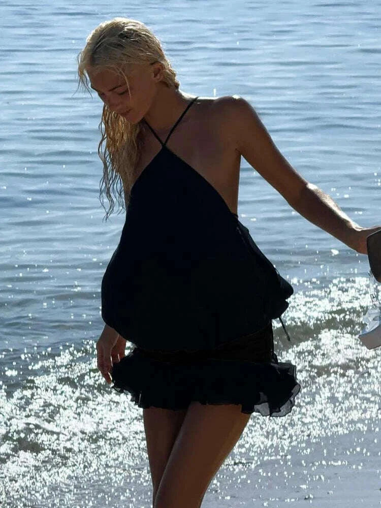 KIMLUD, VC Edgy Black Halter Sleeveless Mini Dress Gown with Open Back for Trendy Parties, KIMLUD Womens Clothes