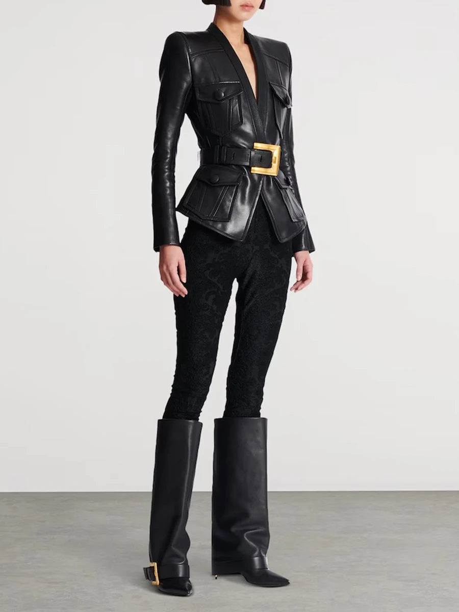 TWOTWINSTYLE Solid Slimming Spliced Pockets Temperament Jackets for Women V Neck Patchwork Button Fashion Jacket Female Clothing