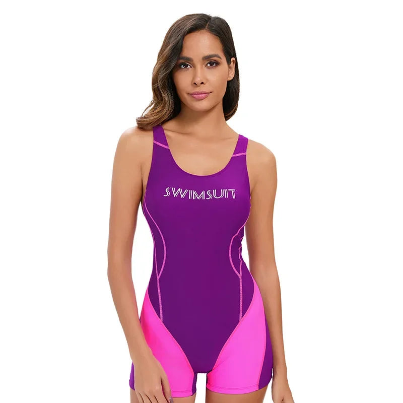 Color Blocking One Piece Swimsuit Not Adjustable Straps — Purple Pink | KIMLUD