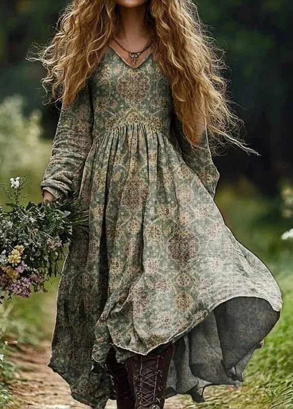 Boho Vintage Print Long Dresses For Women 2025 Casual V Neck Full Sleeve Splice High Waist Loose Dress Autumn Fashion Vestidos