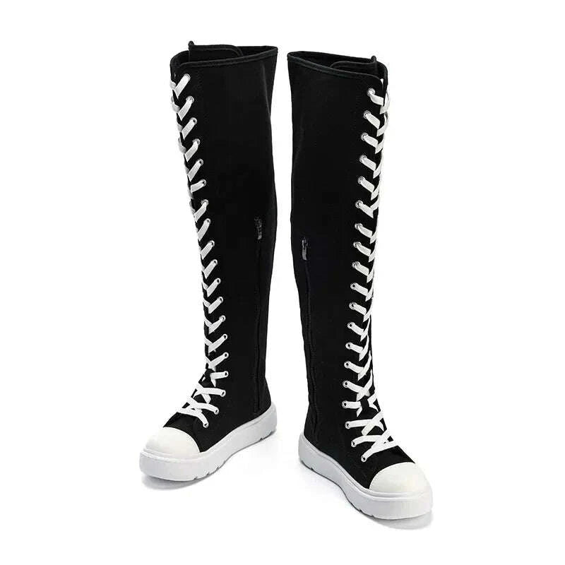 KIMLUD, Plus Size Women's Canvas Boots Spring Autumn High Top Side Zipper Simple Long Tube over Knee Shoes Flat Heel Adult Footwear, KIMLUD Womens Clothes
