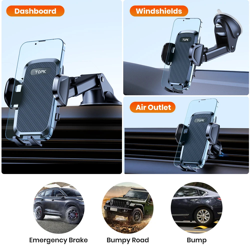 TOPK Universal Car Phone Holder for Air Vent Suction Cup Dashboard Hands Free Cell Phone Mount for Car truck for All Smartphones