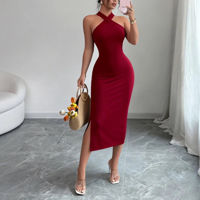 Knit Bodycon Midi Dress Halter Neck Side Slit — Burgundy | KIMLUD