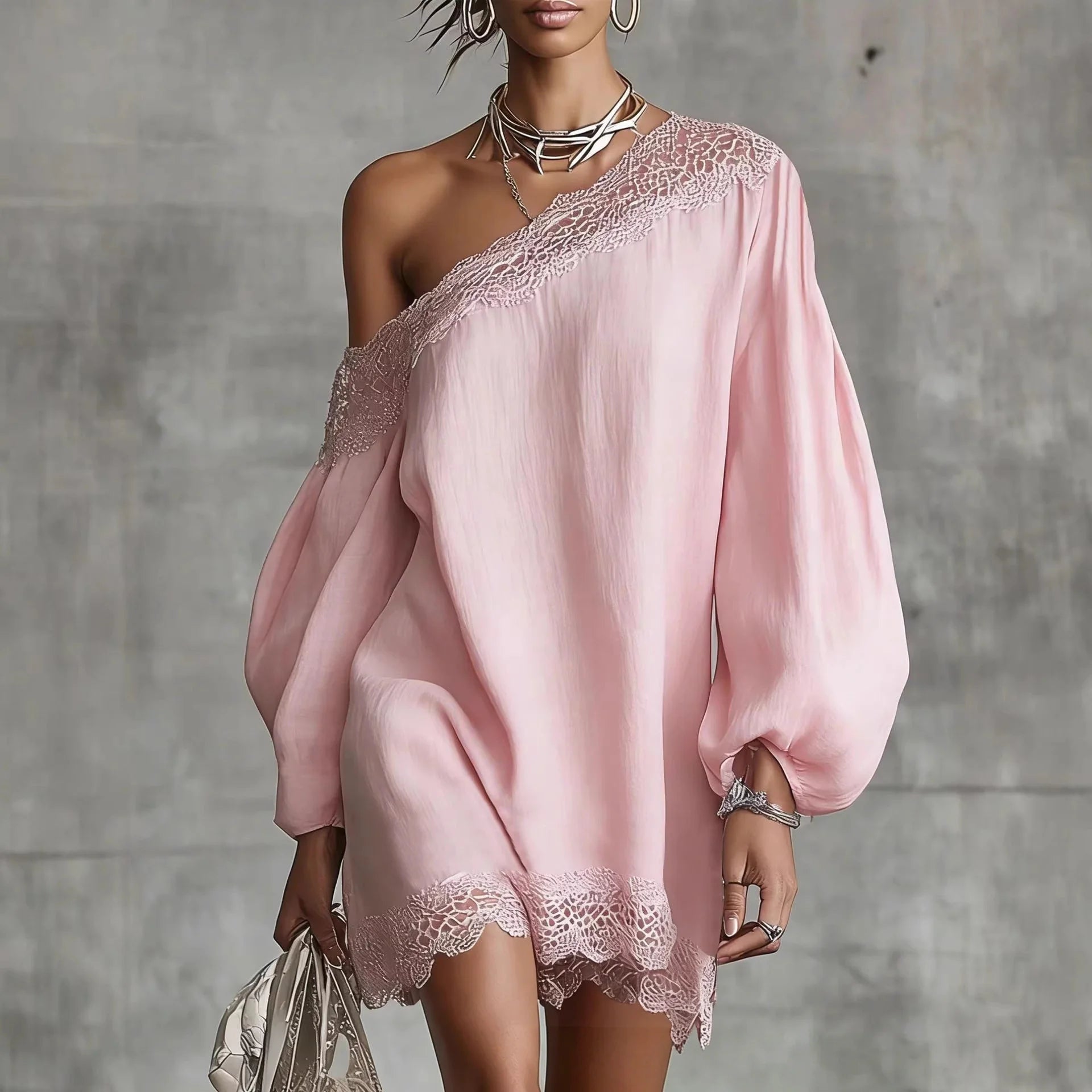 Polyester Lace Trim Off-Shoulder Mini Dress — Ivory | KIMLUD