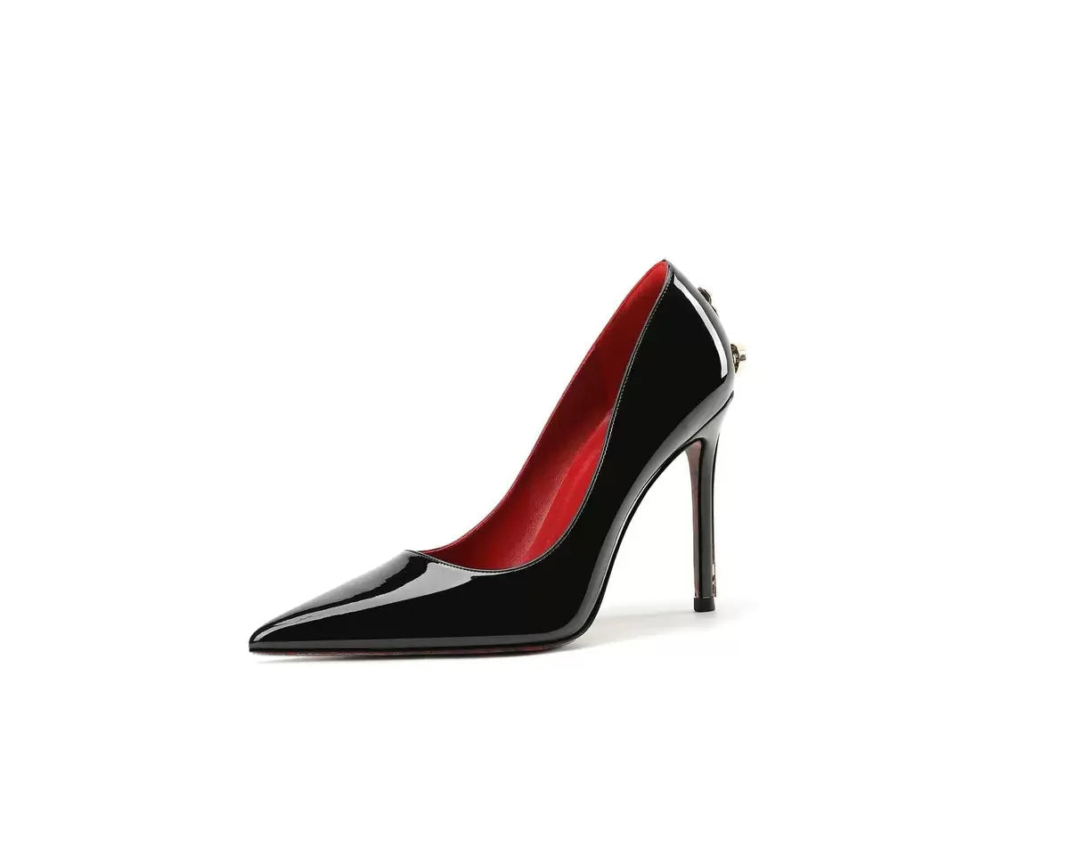 Patent PU Scepter High Heels Pointed Toe With Gold-Tone Stiletto — Black | KIMLUD