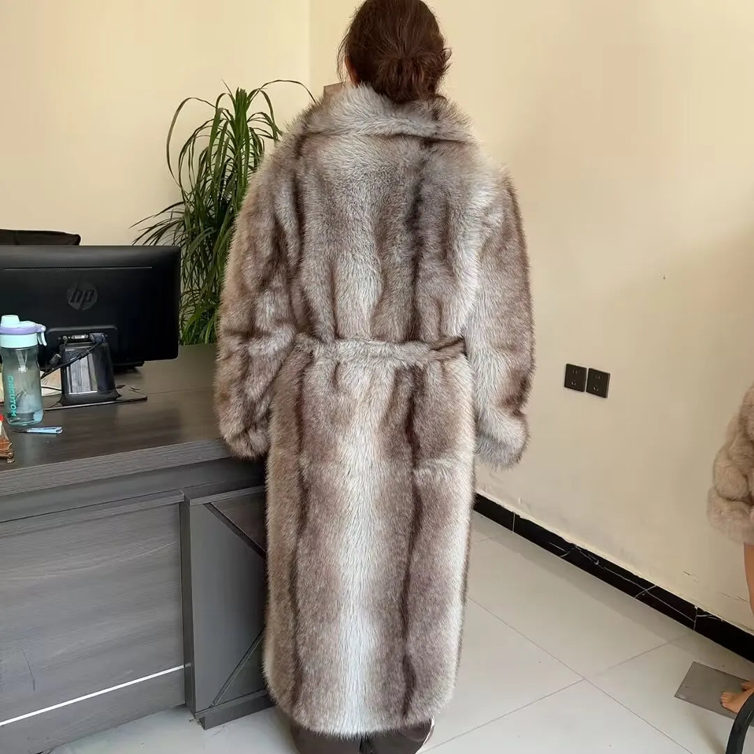 Faux Fur Coat - Long Waistband Design - Faux Fur - Large Collar | KIMLUD