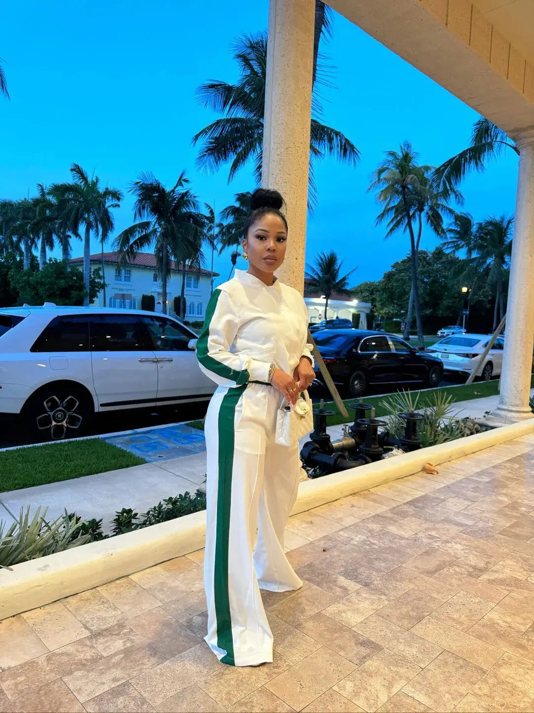 Two-Piece Polyester Spandex Set Crop Top And Long Pants — White | KIMLUD