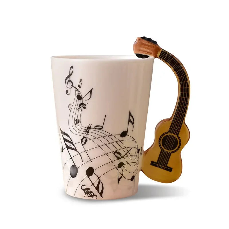 Bone China Mug With Music Note Motif And Delicate Guitar Handle — White | KIMLUD