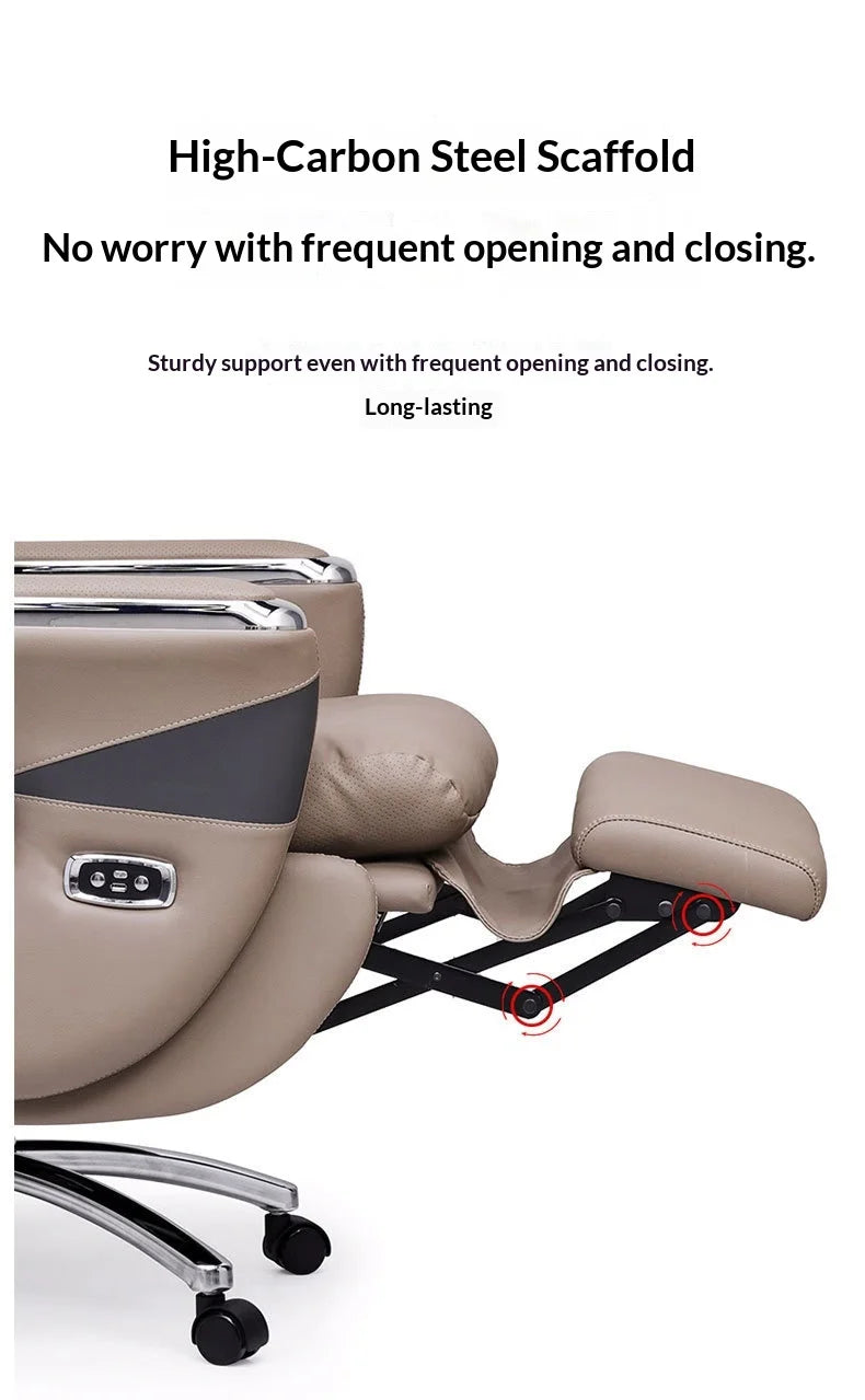 Ergonomic chair with high-carbon steel scaffold and text about stability and longevity.