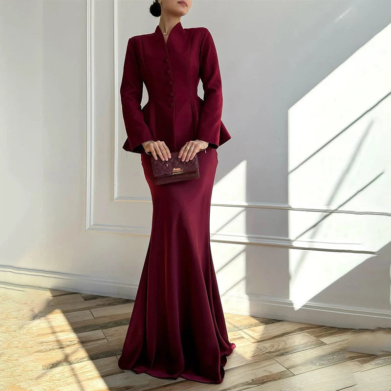 Solid Stand Collar Women Blazer Set Hip Package Slim Lady Long Skirts Sets 2025 Elegant Office Single-breasted Female Coat Suit