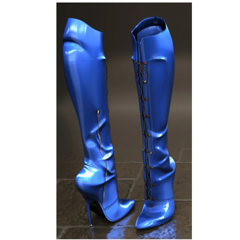 Blue Zipper Knee High Boots Thin High Heel Peep Toe Fashionable Sexy Cool 2025 Summer Big Size Woman Shoes Zapatillas Mujer
