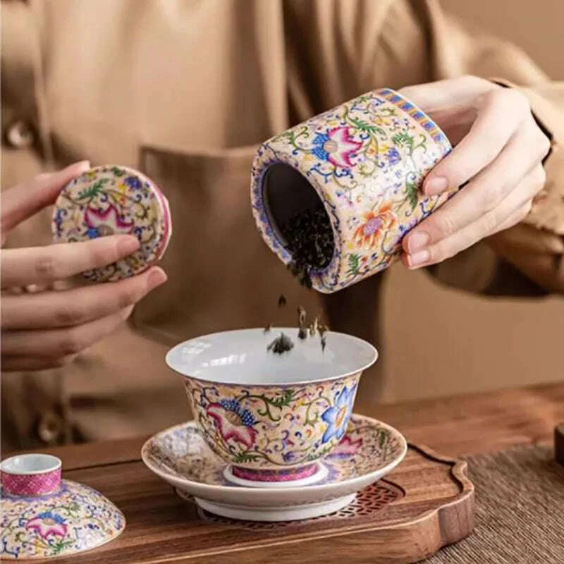 KIMLUD, Chinese Ceramic Tea Caddy Painted Jewelry Box Home Seal Candy Nuts Coffee Beans Storage Jar Kitchen Container Home Decoration, KIMLUD Womens Clothes