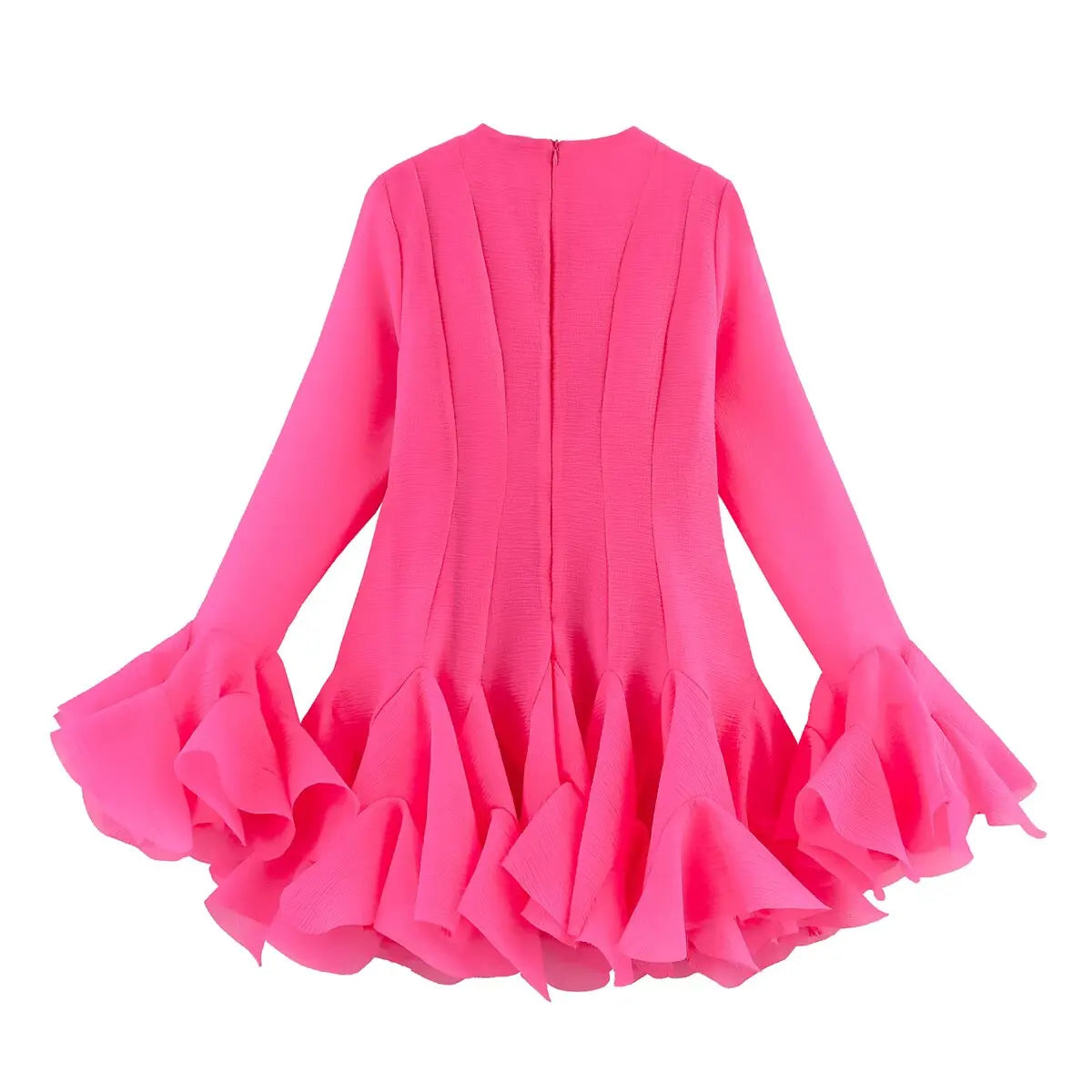 2026 Summer Women's Elegant Multi-Layered Ruffled Hem Mini Dresses Lady Sweet French Style Long Flare Sleeve Slim Fit Puffy Robe