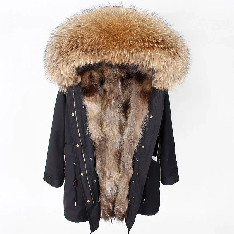 Maomaokong Winter Women's Fur Jacket Long Outdoor Tops Real Fox Fur Collar Inner Fur Lining Parka Natural Silver Fox Women Coat