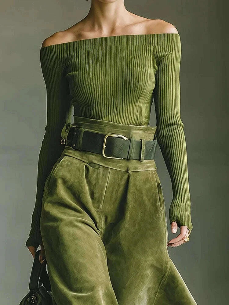 KIMLUD, Women's 2PCS Patchwork Outfit Long Sleeve Slash Neck Top with Maxi Skirts Autumn Winter Fashion Elegant Streetwear for Holiday, KIMLUD Womens Clothes