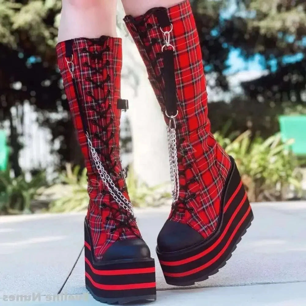 KIMLUD, Canvas red Check Platform Knee high Boots Women Metal Chain Round Toe Wedges Cross Tied Lolita Heighten Shoes Lovely Sexy Boots, KIMLUD Womens Clothes