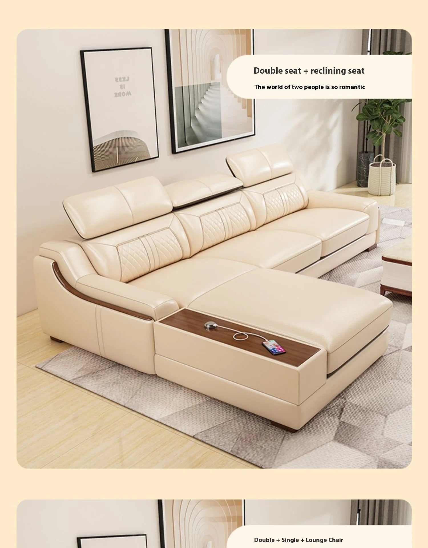 Genuine Italian Leather Sofa L-Shaped With Cup Holders USB Bluetooth — Light Gray | KIMLUD