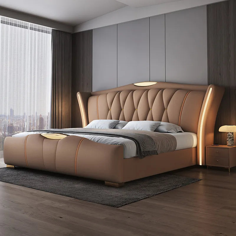 Leather Bed Frame With Lit Headboard — Ivory-Beige | KIMLUD
