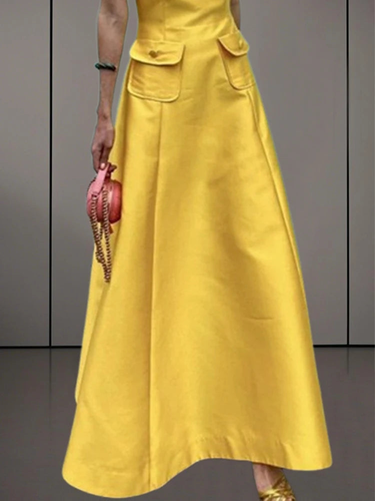 A-Line Dress – Pockets – Polyester – Yellow | KIMLUD