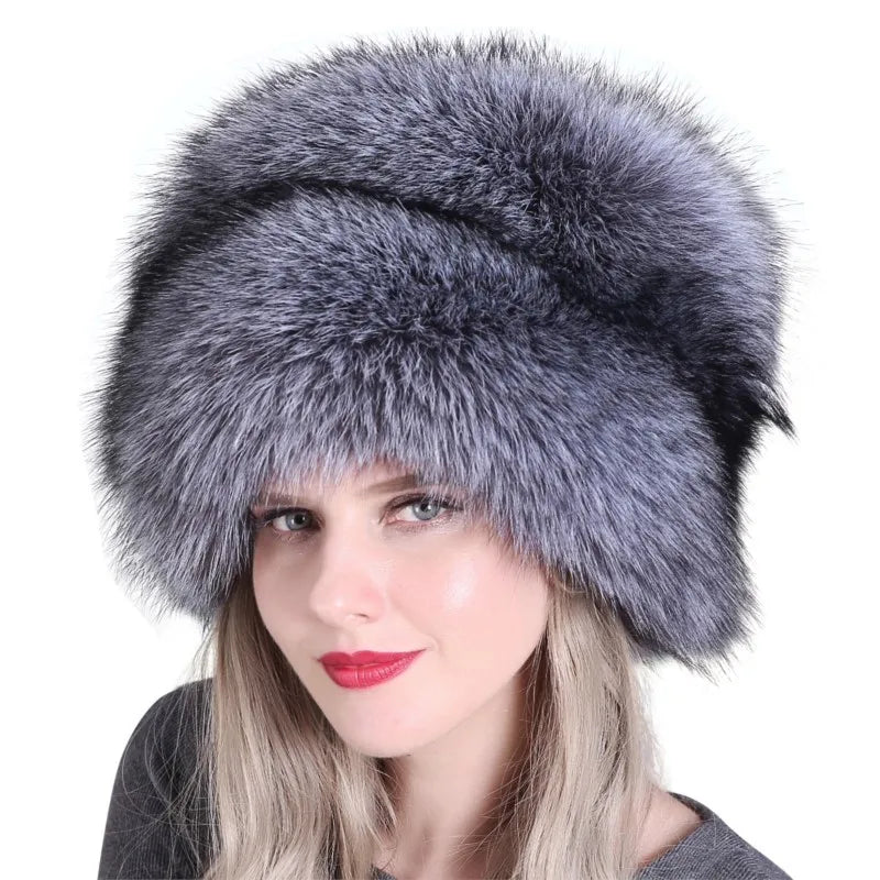 Fur hat for ladies thickened warm ear-protecting with tail snow and wind trendy