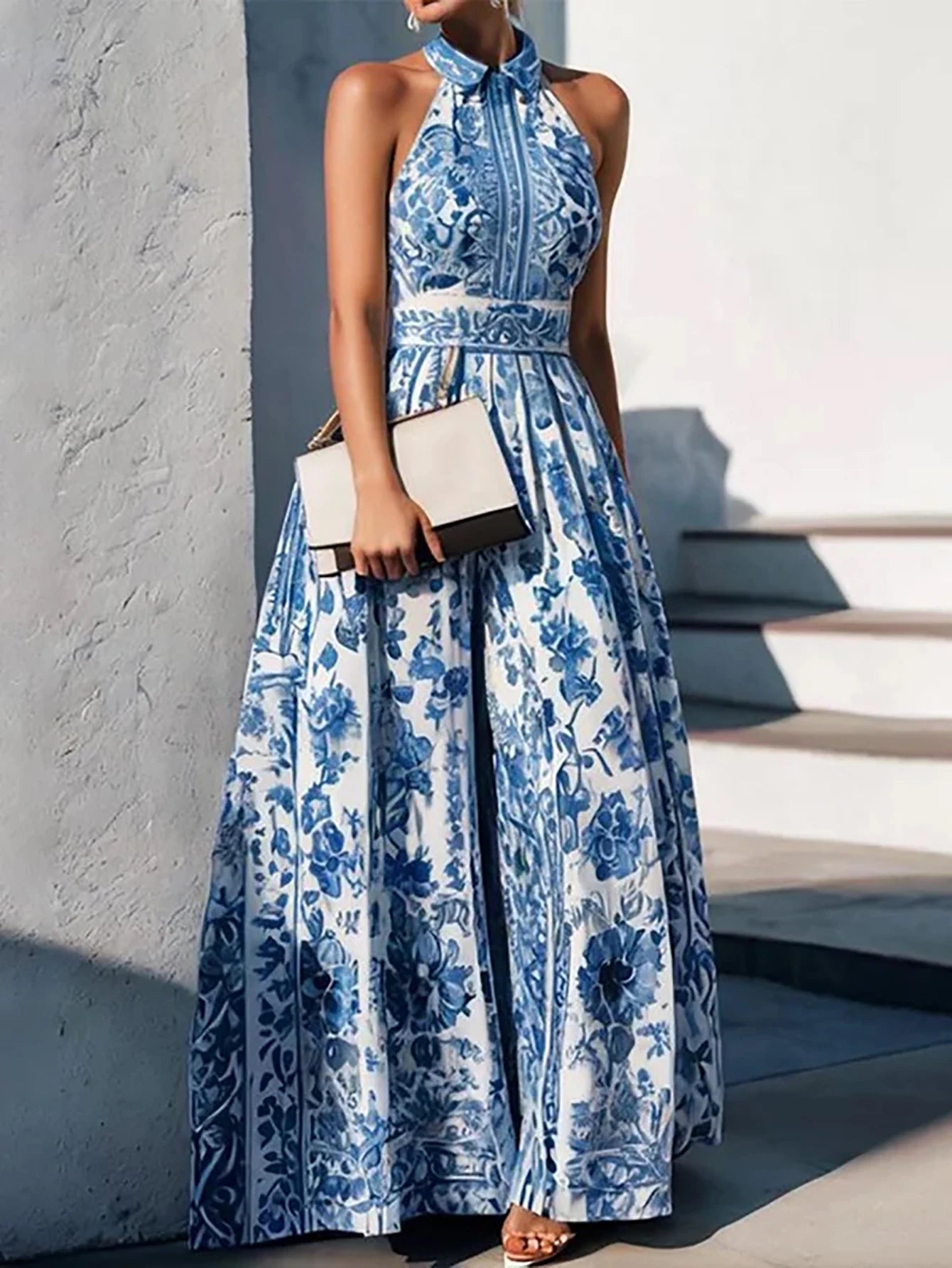 Polyester Dresses Halter Sleeveless Floral Print — Multi | KIMLUD