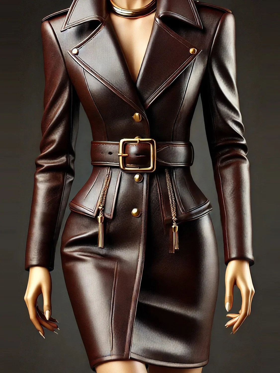 Women's PU Leather Lapel Mini Dress Long Sleeve Belt Button Detail Chic Office Party Daily Wear Fashion Fall Outfit