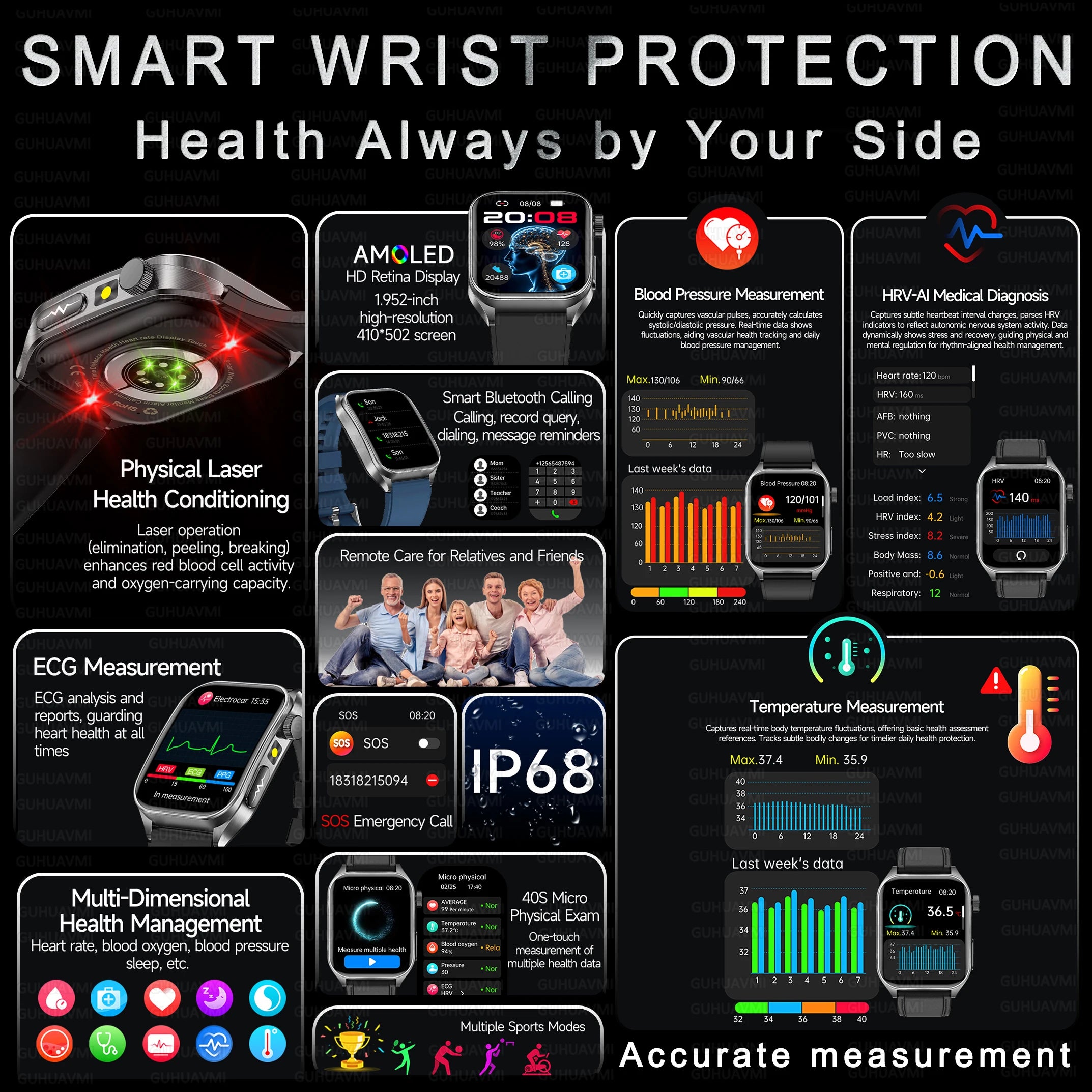 2025Hot AI-GPT Diagosis ECG Health SmartWatch Blood Pressure Lipid Uric Acid 650nm Dual-Probelaser Heart Analysis Smart bracelet