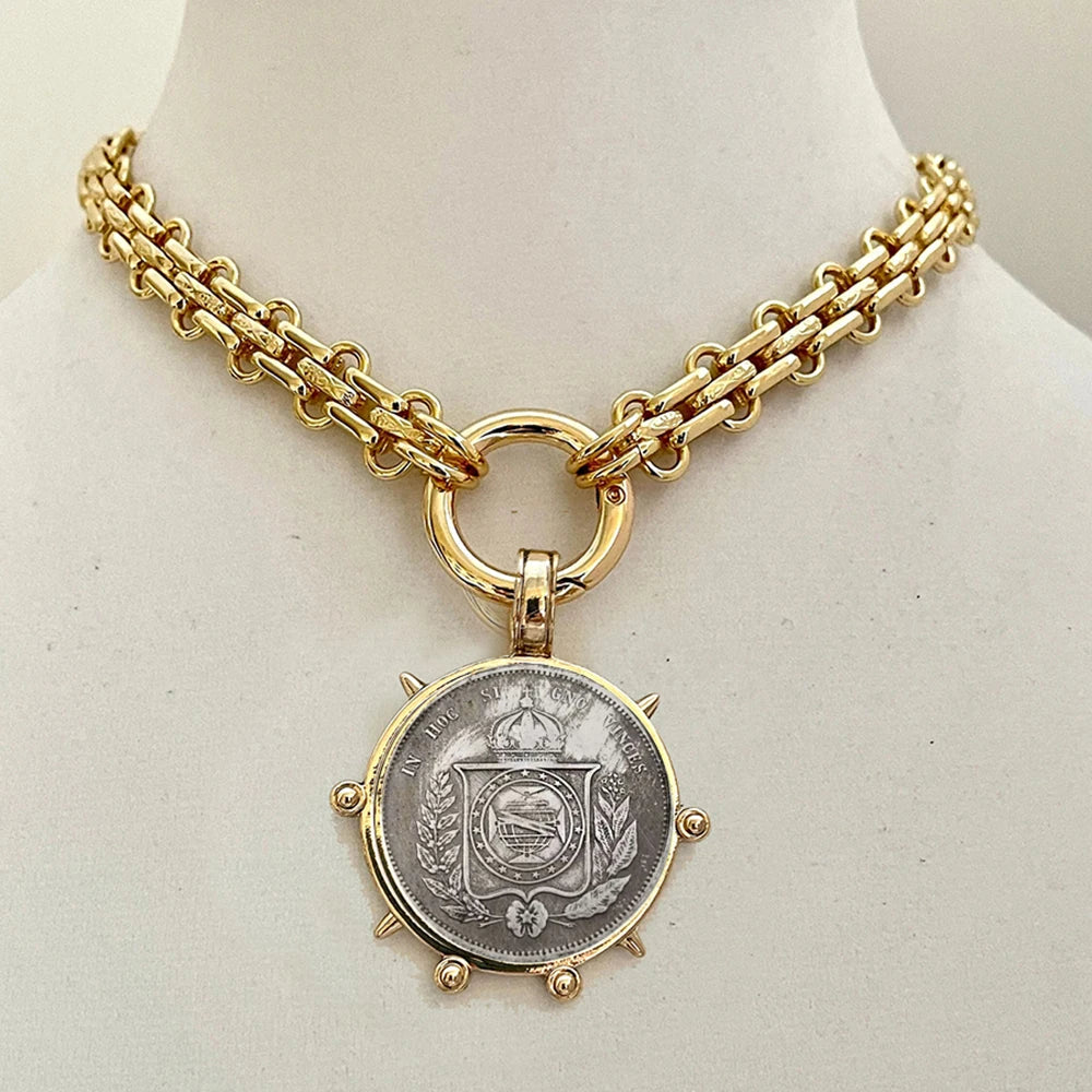 Choker Necklace - Coin Charm Pendant - Cubic Zirconia - Grey | KIMLUD