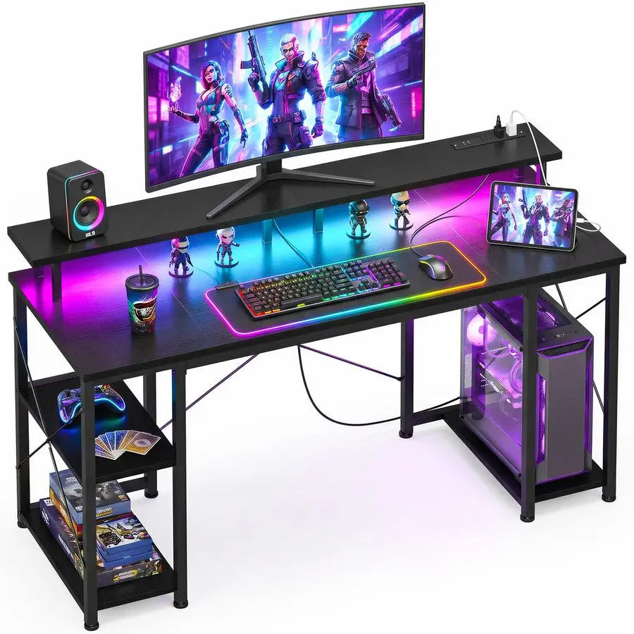 48 inch Gaming Desk with LED Lights amp Power Outlets, Computer Desk with Monitor Stand amp Storage Shelves, CPU Stand, Home Of