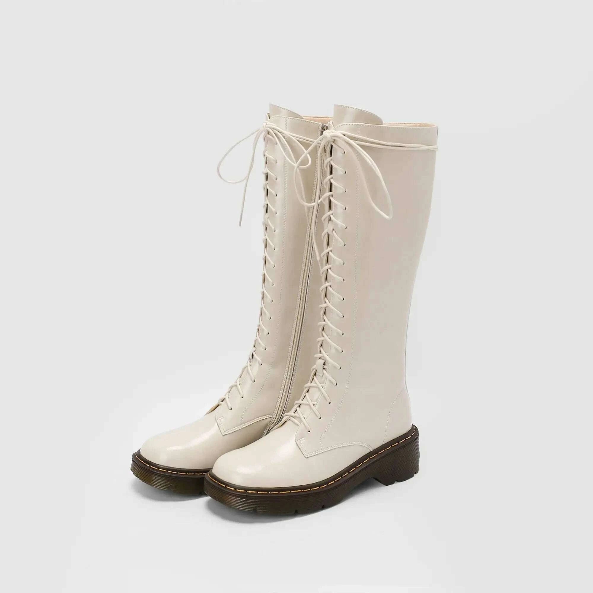 KIMLUD, Krazing Pot Vintage Cow Split Leather Wool Snow Boots Winter Keep Warm Round Toe Cross-tied Med Heels Platform Thigh High Boots, KIMLUD Womens Clothes