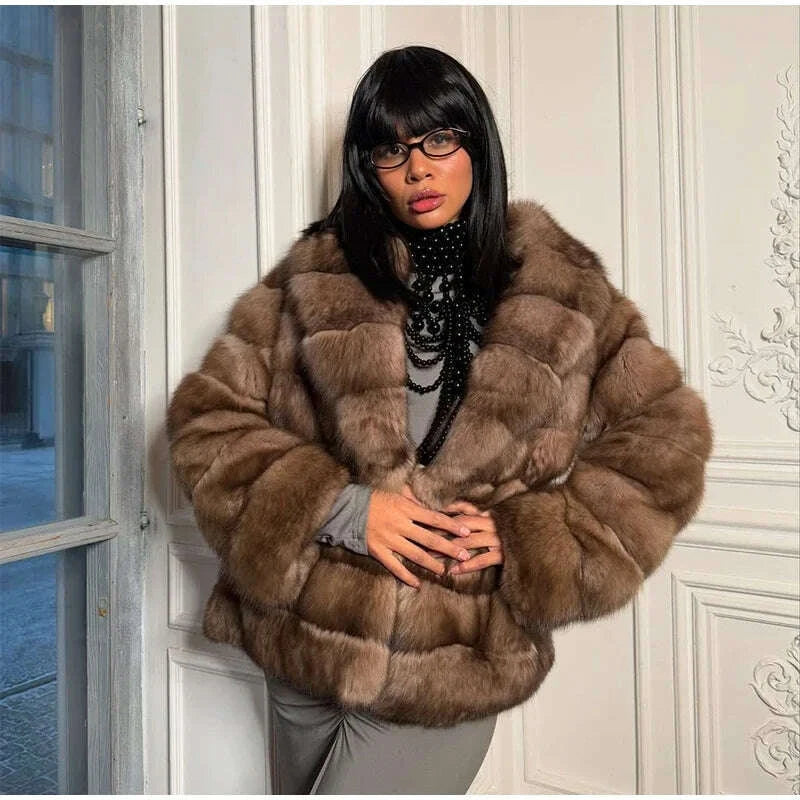 KIMLUD, Women Patchwork Faux Fur Coat Elegant Contrast Full Sleeve Lapel Loose Long Staple Plush Jacket Winter High Street Outerwears, KIMLUD Womens Clothes