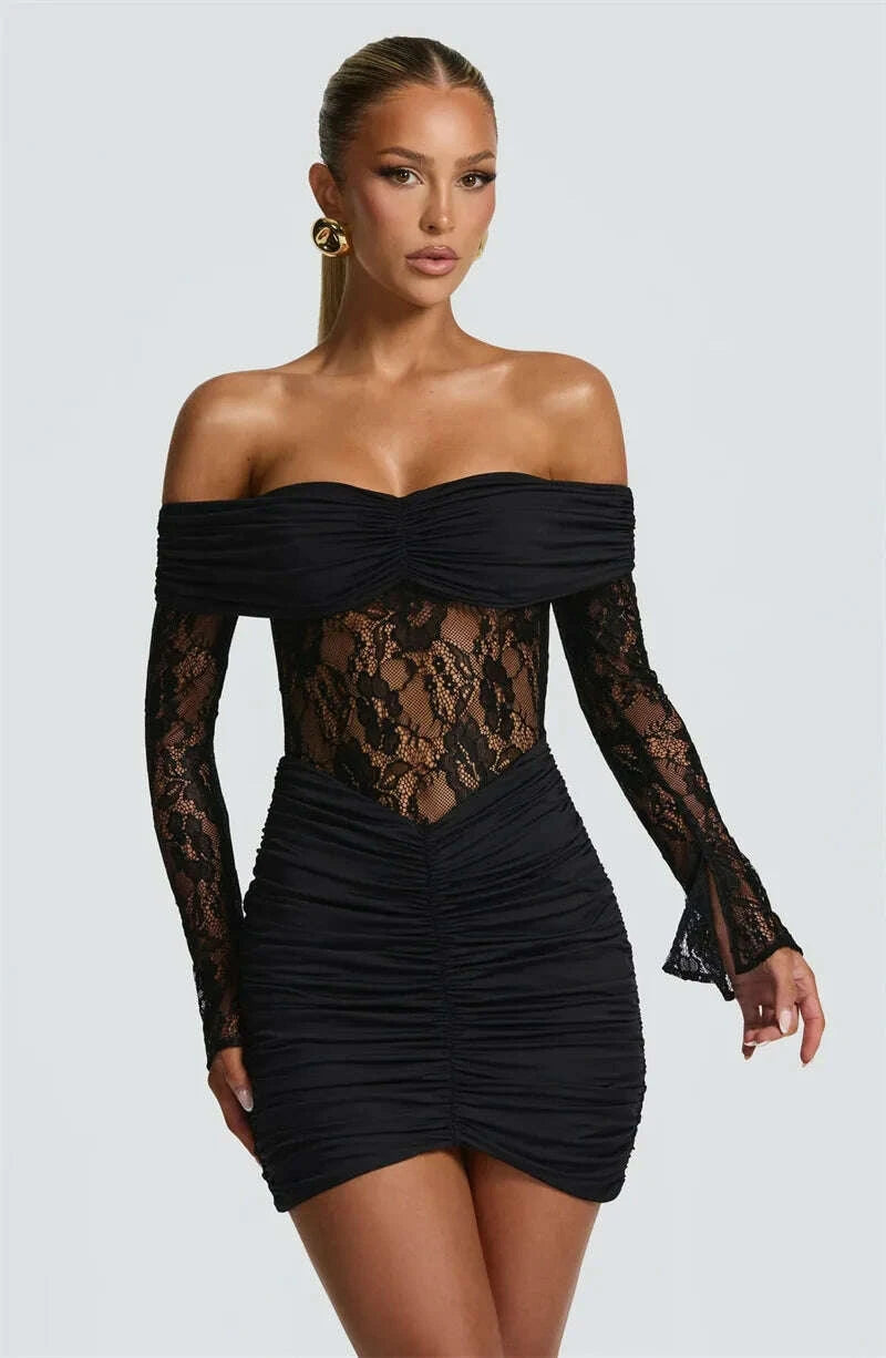 KIMLUD, Mozision Off-shoulder Strapless Backless Sexy Mini Dress Women Gown Elegant Lace See Through Long Sleeve Ruched Club Party Dress, KIMLUD Womens Clothes