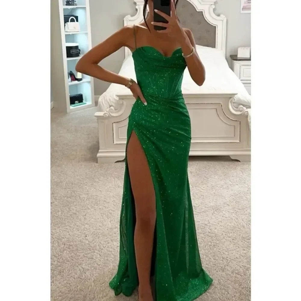 Women's S-XL size Party Fashion Suspender Dress with A Straight Neckline Sleeveless Solid Color Slim Fit Slit Casual Long Dress
