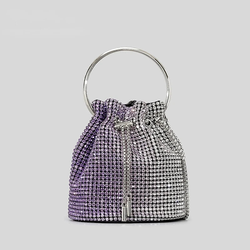 Crystal Tassel Evening Clutch Round Handle — Pink-Silver Gradient | KIMLUD
