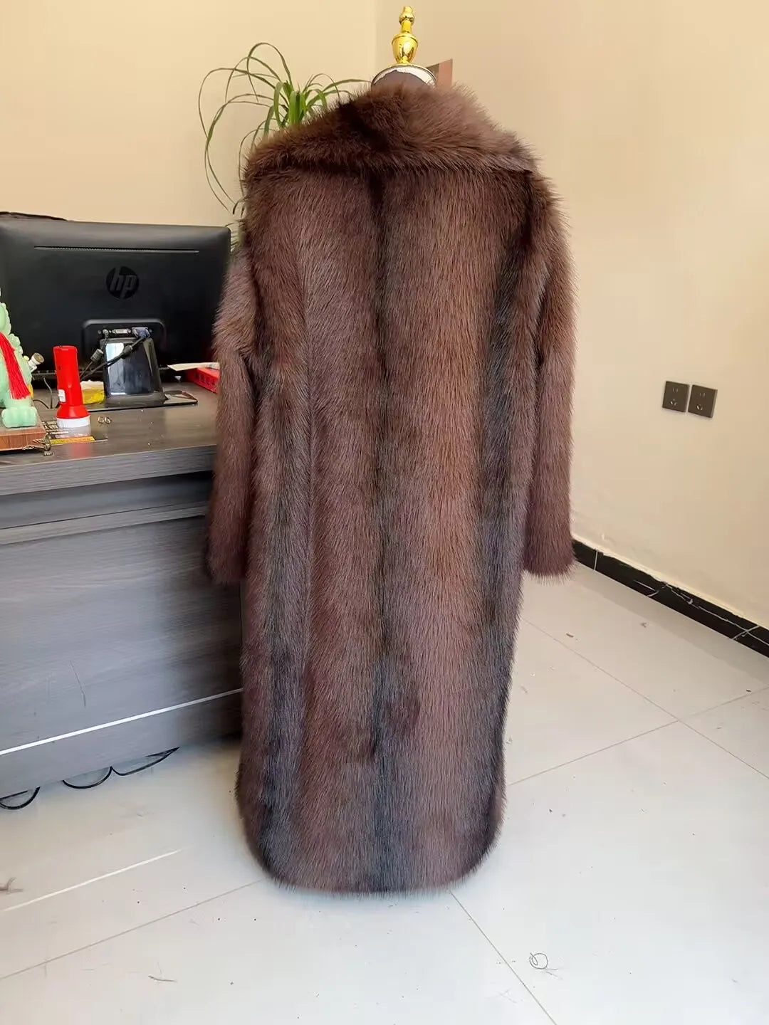 Faux Fur Coat - Long Waistband Design - Faux Fur - Large Collar | KIMLUD
