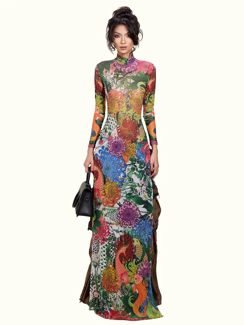 Polyester Top Plant Print Long Sleeve With High Split Hem — Multicolor | KIMLUD
