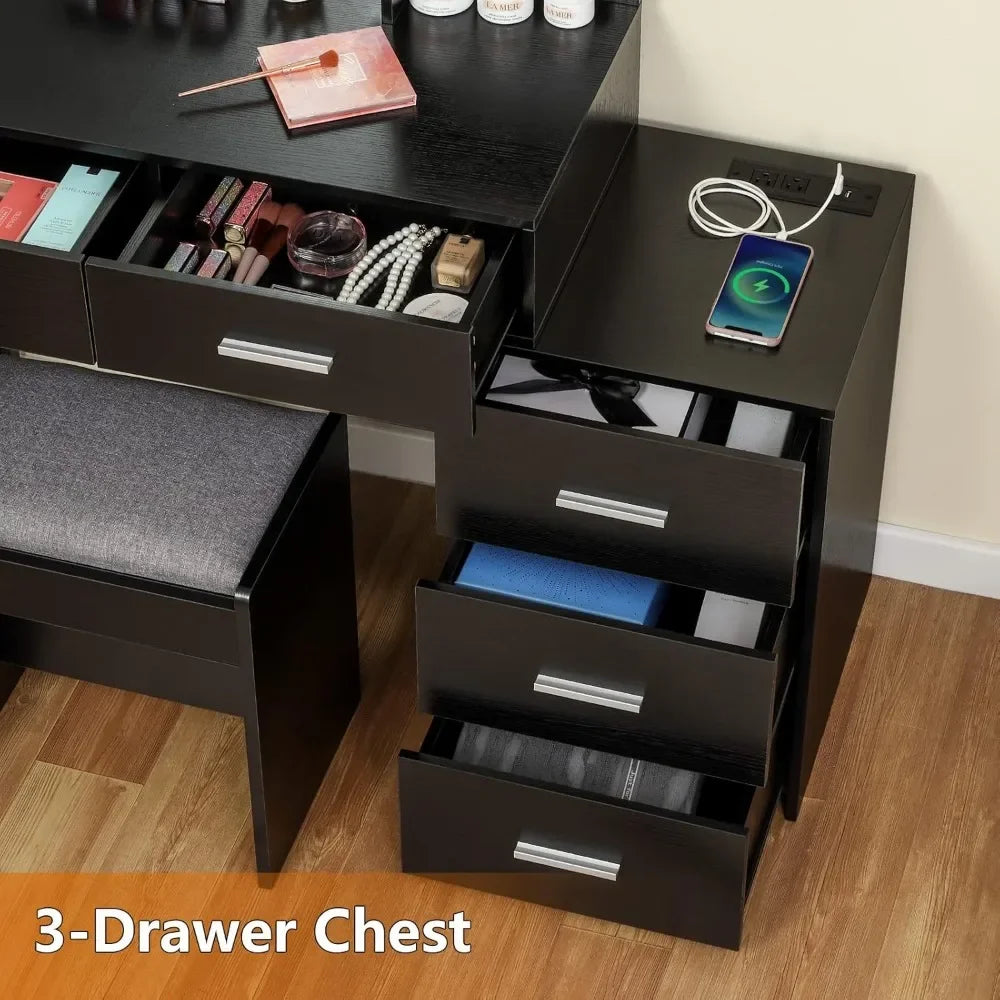 Large Vanity Desk with Mirror & 10 LED Lights, Makeup Vanity Dressing Table with Power Strip, Storage Shelves & 5 Drawers