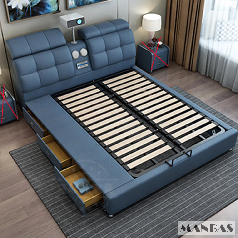 Genuine Leather Bed Frame Smart Multifunctional Tech — Ivory | KIMLUD