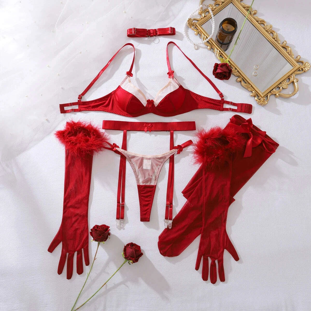 KIMLUD, Ellolace Wilowy Lingerie Sexy Women Bra Set 3PC with Gloves&Stockings&Choker Elegant Christmas Splicing Cougar Boudoir Underwear, KIMLUD Womens Clothes